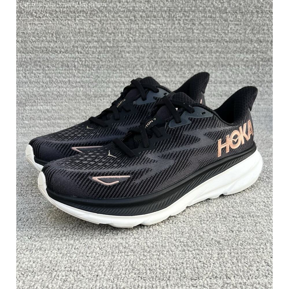 HOKA ONE ONE Clifton 9 Running Shoes Black/Rose Gold Women's Size 8.5 US